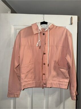 White Hooded Cotton Blend Pink Jean Jacket - Women's Button-Up Jean Jacket